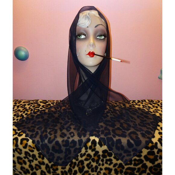 Vintage Dark Navy Blue Sheer Nylon Neck Scarf pinup retro rockabilly head wrap - Picture 4 of 15